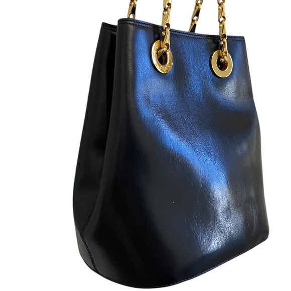 Celine w/ COA Navy Leather Bucket Shoulder Bag w/ Gold Hardware Chain Authentic - Picture 6 of 16